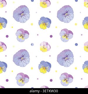 vector seamless pattern with viola flowers, wild pansies, on a yellow background Stock Vector