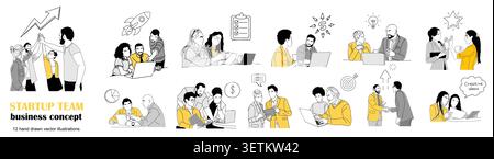 Modern line art shows startup teamwork in action Stock Vector