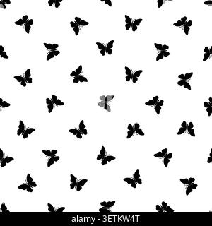 Seamless pattern with black butterfly silhouettes on a white background. Minimalist monochrome insect surface design. Stock Vector