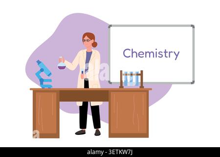 Chemistry teacher showing experiments with test tubes on table. Vector illustration for science banner, school poster, education Stock Vector
