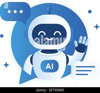 Minimal AI chatbot assistant vector illustration with smiling robot character, speech bubble and modern flat design elements. Artificial intelligence Stock Vector