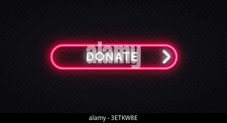 Neon red glowing Donate button with arrow on dark transparent background. Eye-catching rounded CTA element for charity website, streaming or app Stock Vector