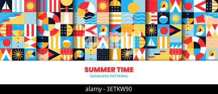 Travel and vacation seamless patterns, summer time journey geometric backgrounds. Sun, water waves and sea beach, boat, lighthouse and lifebuoy, cocktail and seashell abstract travel shapes patterns Stock Vector