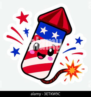 Cute patriotic firework rocket cartoon character sticker. Vector illustration of American fireworks with red and white stripes, blue ribbon with stars Stock Vector