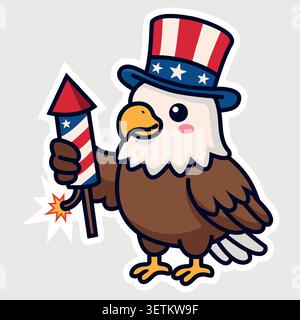 Cute patriotic bald eagle cartoon character sticker. Vector illustration of a friendly American eagle holding a firework rocket and wearing an Uncle S Stock Vector
