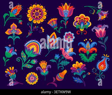 Mexican flowers and plants with ornament patterns. Vector floral designs feature folk embroidery motifs and ethnic decorative elements for fiesta graphics, Latin celebration and Mexican party Stock Vector