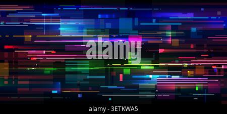 Rainbow lines game screen glitch effect background. Video game digital pixel noise, analog TV static and no signal error texture background with glitched neon color lines and broken pixel pattern Stock Vector