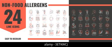 Non food allergen free icons and pictograms for allergy and allergenic substances. Non food allergen free line icons of animal fur and air pollution, flower or plants pollen and chemicals or insects Stock Vector