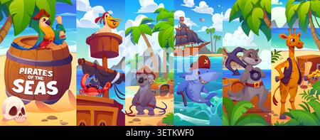 Cartoon animal pirate characters collage with cute captain and sailor corsairs at treasure island. Funny parrot, crab and shark, happy giraffe, koala, pelican and mongoose animal pirate characters Stock Vector
