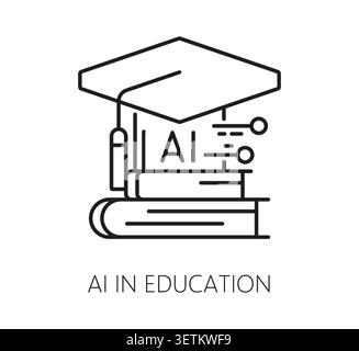 AI in education icon showing graduation cap and stack of books. Clean minimalist line art combines academic and technology symbols. Linear icon for e learning apps and university AI programs Stock Vector