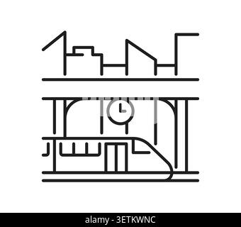 City or subway train locomotive, railway line icon or pictogram. Railway linear icon, public transport locomotive vector sign. Transportation Industry symbol with high speed train on station platform Stock Vector