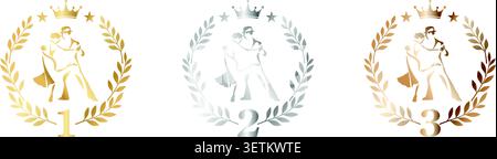 Ballroom Dance Awards Gold Silver Bronze Winners Collection with Tango Couple Emblems and Championship Laurel Wreaths Transparent background Stock Vector