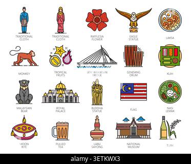 Malaysia line icons. Vector set representing Malaysian culture with food, architecture, traditional attire, animals, landmarks, and national symbols. Educational, tourism, or heritage linear signs Stock Vector