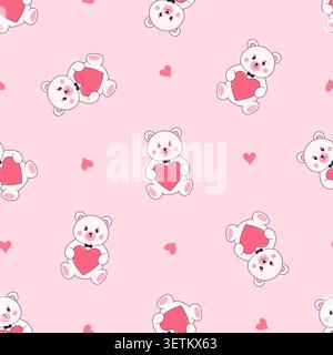 Seamless pattern with white bears holding pink hearts. Romantic vector background for baby and love design. Stock Vector