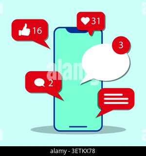 Smartphone illustration showing social media activity with likes, comments, messages, and engagement notifications, representing digital communication Stock Vector