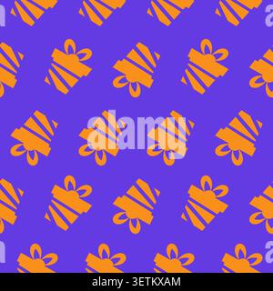 Repeated pattern of orange gift boxes with bows on a lilac background. Vector illustration Stock Vector