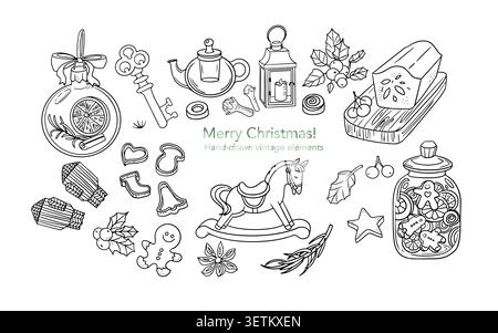 Hand drawn christmas vintage elements set vector illustration black ink contours. Collection of winter holiday sketches with rocking horse gingerbread Stock Vector