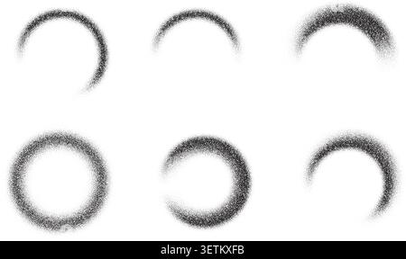 Dotted grainy gradient shapes. Black vector circle brush strokes on white background. Abstract sand texture. Fluid splashes and halftone elements Stock Vector