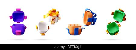3D Set of open colorful gift boxes with ribbons. Stock Vector
