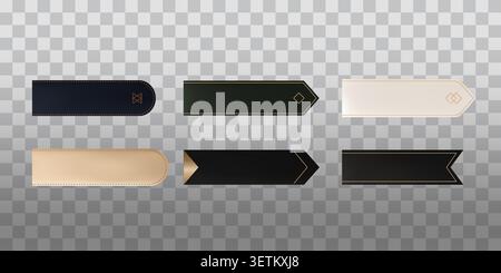 Collection of realistic luxury page tabs and ribbon labels with elegant gold details and blank templates isolated on a transparent background Stock Vector
