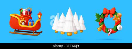 3D set collection of Santa sleigh trees and wreath Stock Vector