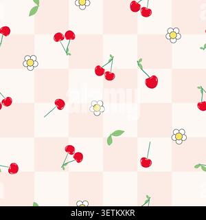 Pink plaid vibrant pink cherry and daisies Stock Vector