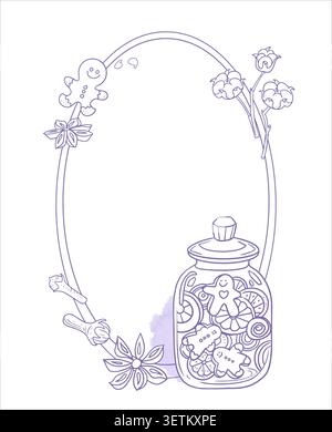 Hand drawn christmas oval frame vector illustration violet ink contour. Vintage winter holiday baking border with cookie jar gingerbread man cotton Stock Vector