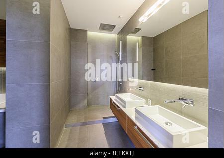 A modern bathroom features sleek grey tiling, a large mirror above a vanity with dual rectangular sinks, chrome faucets, and minimalist lighting. The Stock Photo
