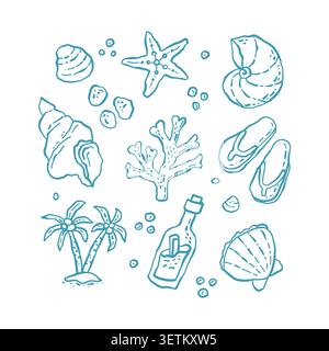 Marine summer set sea shells starfish collection. Beach underwater elements. Hand drawn vector illustration in simple naive style Stock Vector