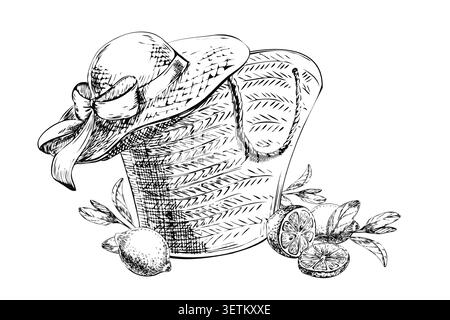 Beach basket with straw hat and whole sliced lemons sketch. Hand drawn black ink mediterranean summer flat lay composition isolated on white for local Stock Vector