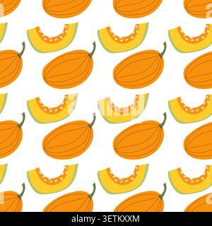 Seamless Cantaloupe Melon Pattern with Whole and Sliced Fruits Vector Illustration Stock Vector