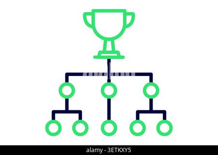 Structure line icon. depicting an organizational hierarchy chart with green circular nodes, topped by a green achievement trophy cup Stock Vector