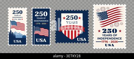 Set of USA postage stamps celebrating the 250th anniversary of independence, featuring flags, fireworks, and patriotic designs. Vector illustration. Stock Vector