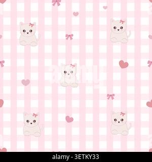 Cute kitty couquette pet and bow with plaid pattern. Seamless fabric design pattern Stock Vector