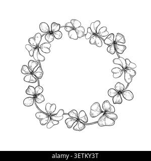 Shamrock leaves hand drawn black white vector circular frame. Four leaf clover monochrome border sketch. Irish symbol wreath line art. Outline element Stock Vector