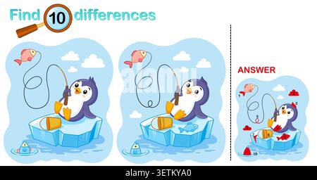 Logical game for children education. Find the differences in the picture. Educational game with cute penguin character on ice floe, kids puzzle activi Stock Vector