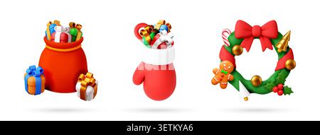 Set of 3D Christmas gift sack, mitten and wreath Stock Vector