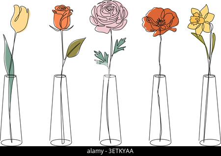 minimalist continuous line drawing, collection of five different spring and summer flowers in tall glass vases, line art vector illustration Stock Vector