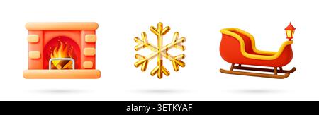 Set of 3D snowflake and Santa sleigh, fireplace Stock Vector
