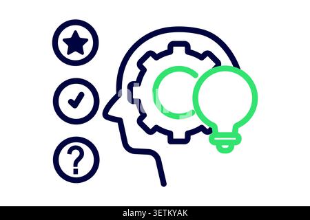 Decision making line icon. of a human head with a gear and a green lightbulb inside, next to three option circles: a star, a checkmark, and a question Stock Vector