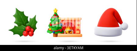 Set of 3D Christmas Festive winter holiday element Stock Vector