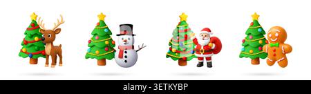 Set of 3D Christmas characters with pine tree. Stock Vector