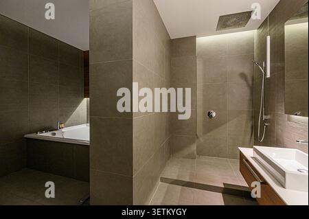 Modern bathroom featuring brown tiles, a soaking tub, a walk-in shower with a ceiling shower head, and a sleek vanity with a rectangular sink Stock Photo