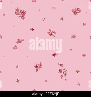 Pink background and pink roses ditsy seamless fabric design pattern Stock Vector