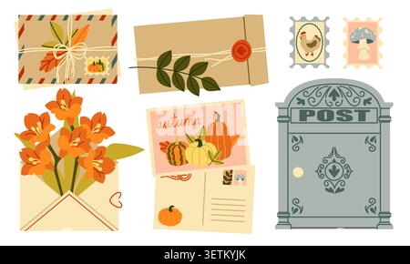 Autumn Mail Vector Set Flat Envelope Postbox Card Stock Vector