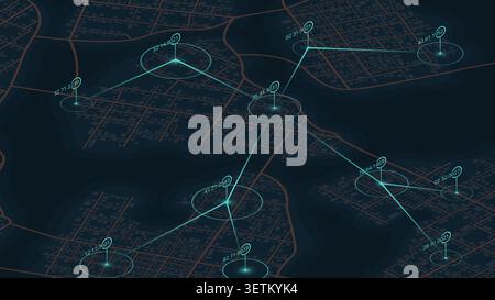 Isometric digital city map with GPS navigation markers and connected route lines, global positioning system concept. Vector illustration. Stock Vector