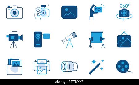 Title: Photography and Imaging Line Icons Set Camera, Camcorder, Photo Gallery, Instant Camera, Telescope Editable Stroke Vector Illustration Stock Vector