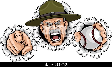 An angry drill instructor or sergeant bootcamp army soldier cartoon character holding baseball ball and pointing sports team mascot illustration. Stock Vector