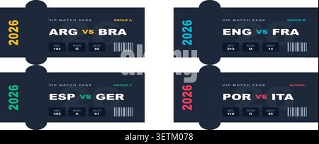 Set of 4 Modern VIP Football Match Ticket Templates 2026 Stock Vector