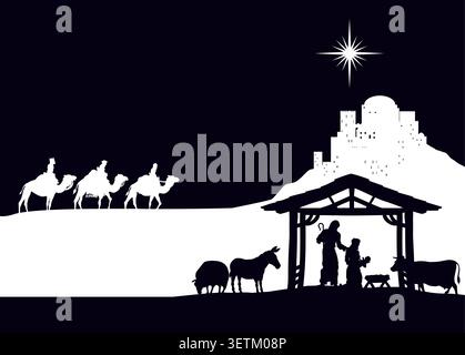 A Christmas nativity scene with baby Jesus in the manger, wise men and city of Bethlehem in the background Stock Vector